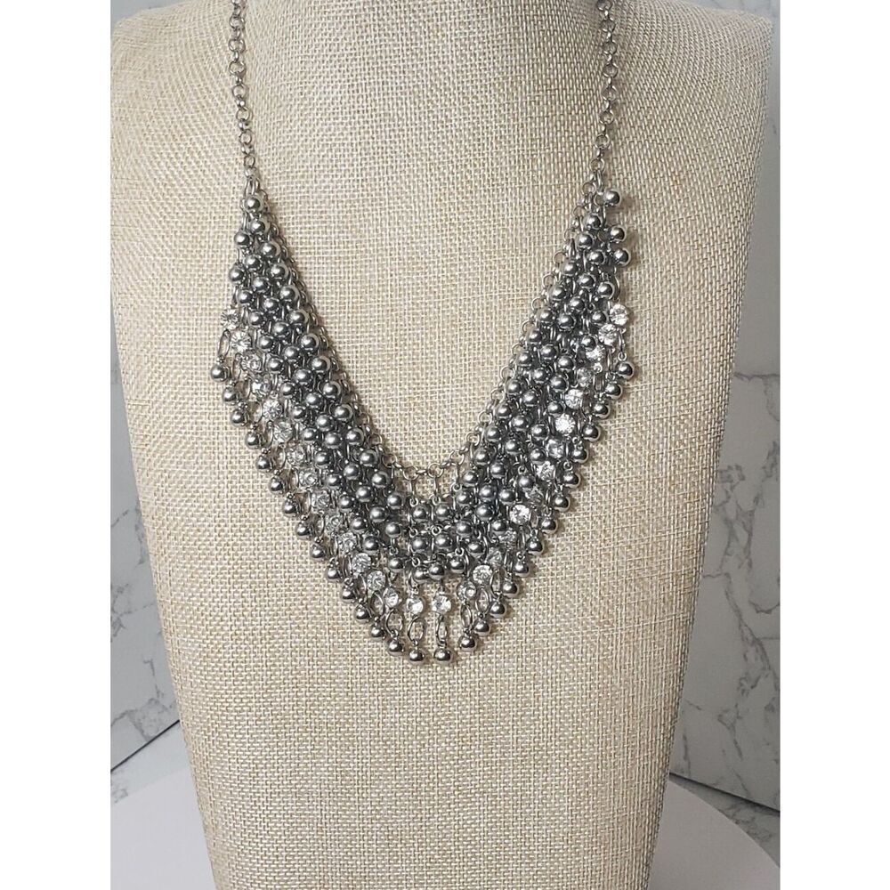 LANE Drape Style Bib Necklace Silver-tone Beads & Crystals